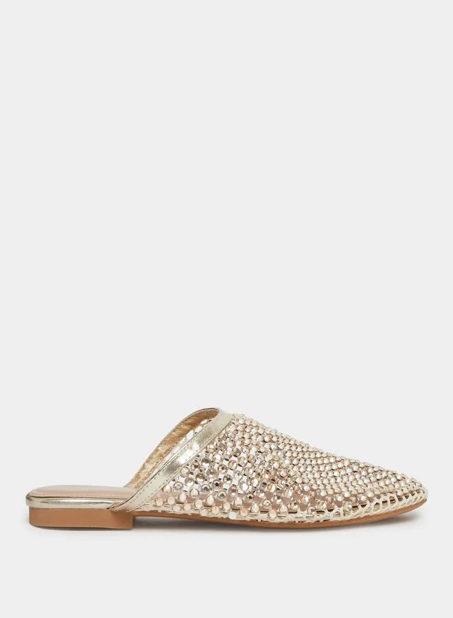 Styli Gold Embellished Pointed Toe Mules